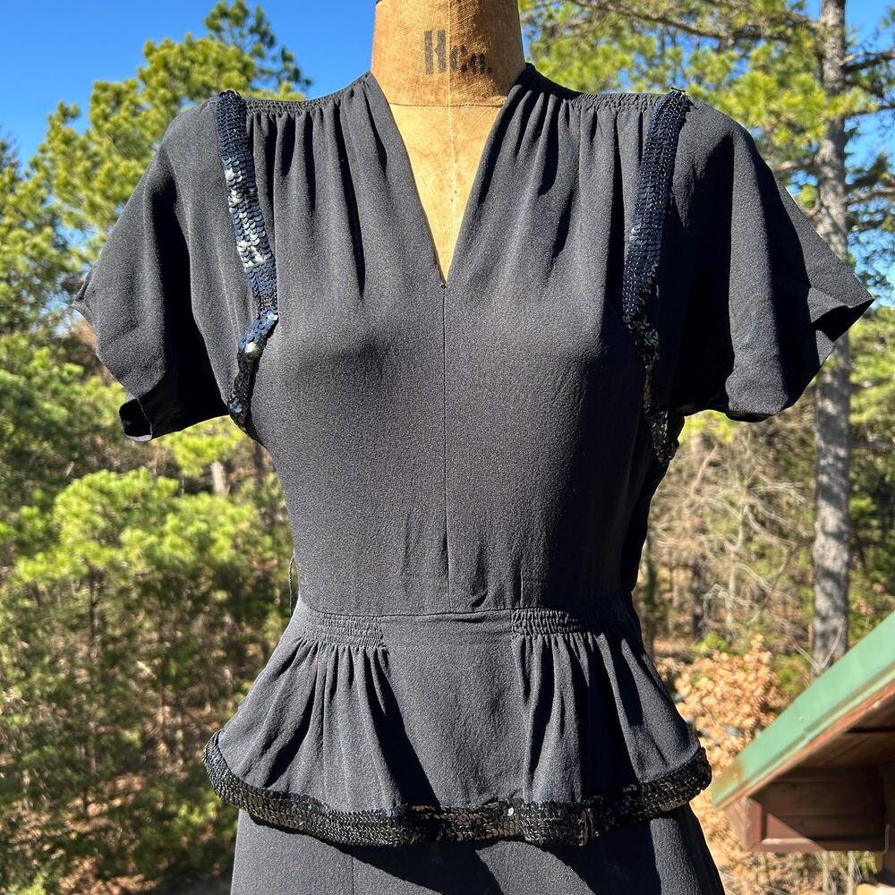 Vintage 30s/40s Black Rayon Crepe Ruched Sequin Swing Era Peplum Dress XS S